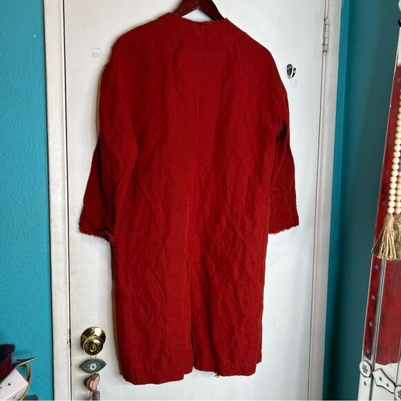 This is a Zara Red Linen Long Duster Coat with Pockets burnt orange oversized - Picture 6 of 9